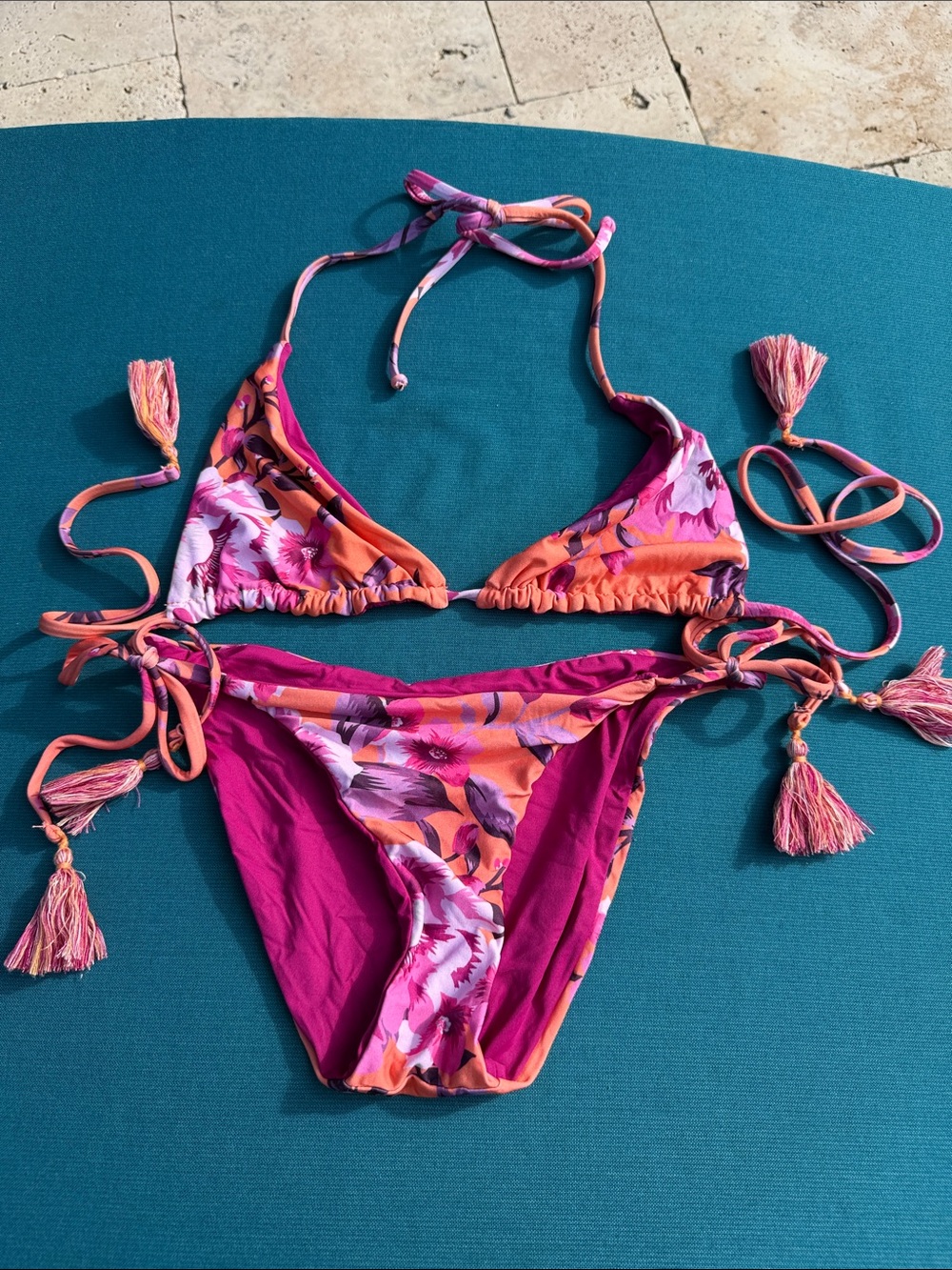 Floral Tie-Side Bikini Set in Pink & Orange